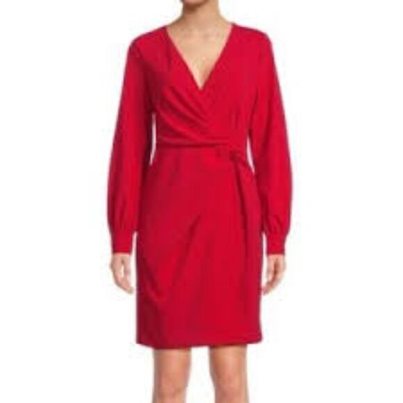 NWT DKNY Red V-Neck Faux Wrap Long Sleeve Semi Formal/Cocktail Dress size 16 - Picture 1 of 9